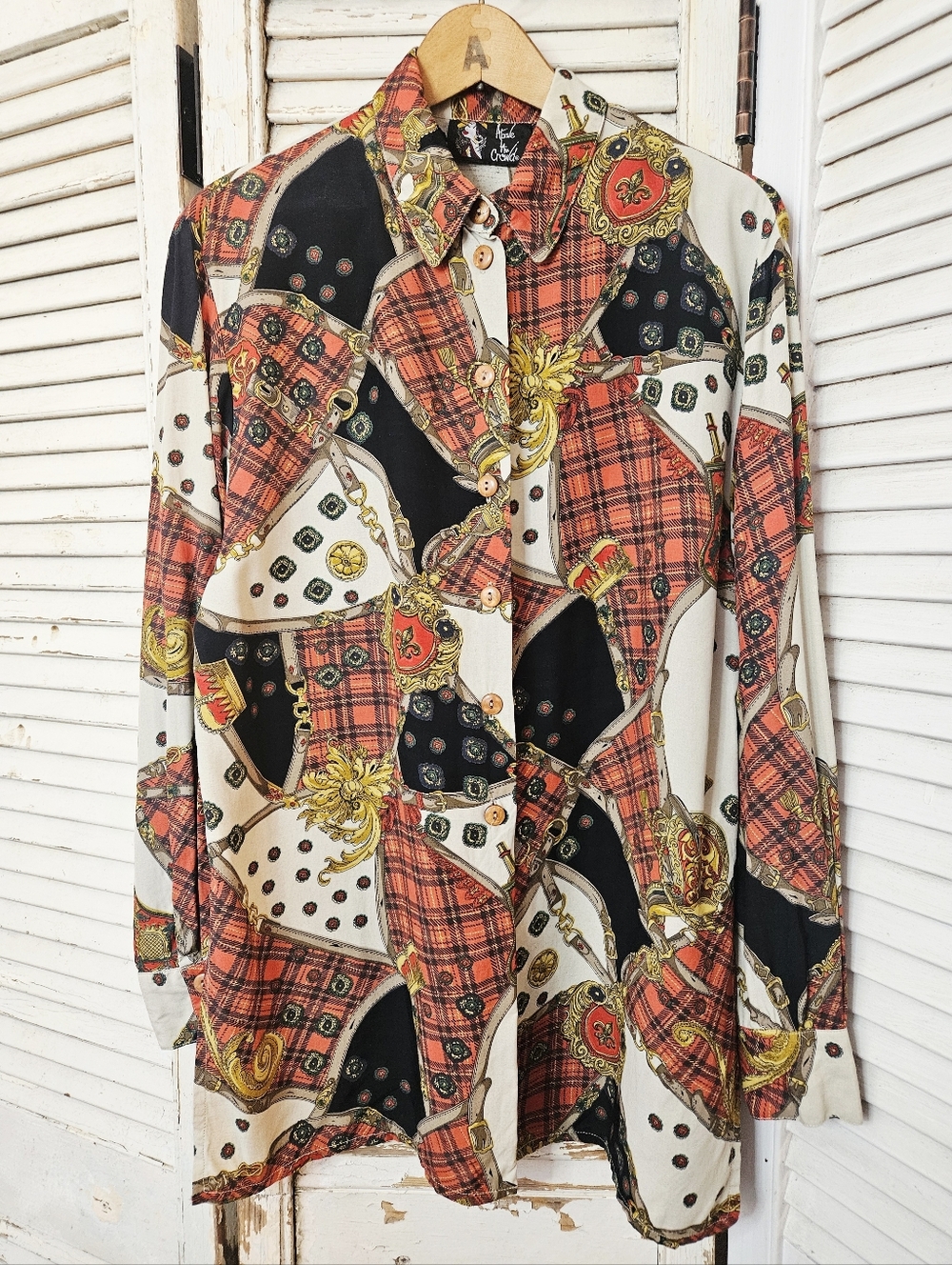 Vintage 80s Above The Crowd Tartan & Buckles Print Blouse Made In Canada Medium